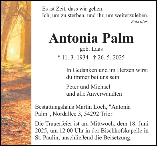 Todesanzeige von Antonia Palm von trierischer_volksfreund