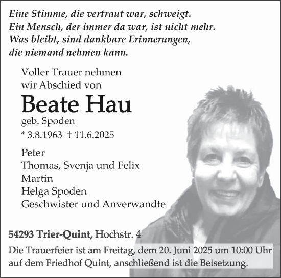 Todesanzeige von Beate Hau von trierischer_volksfreund
