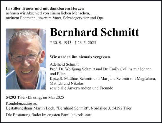 Todesanzeige von Bernhard Schmitt von trierischer_volksfreund
