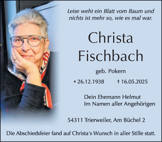 Todesanzeige von Christa Fischbach von trierischer_volksfreund