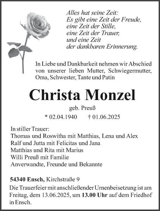 Todesanzeige von Christa Monzel von trierischer_volksfreund