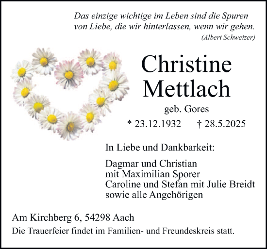 Todesanzeige von Christine Mettlach von trierischer_volksfreund