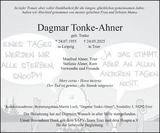 Todesanzeige von Dagmar Tonke-Ahner von trierischer_volksfreund