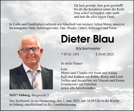 Todesanzeige von Dieter Blau von trierischer_volksfreund