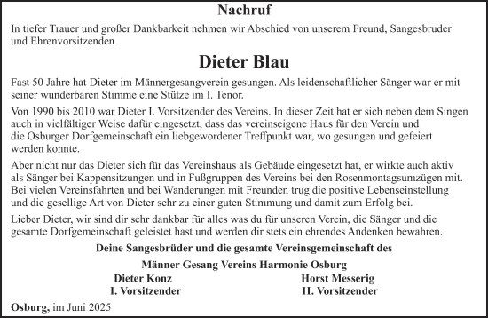 Todesanzeige von Dieter Blau von trierischer_volksfreund