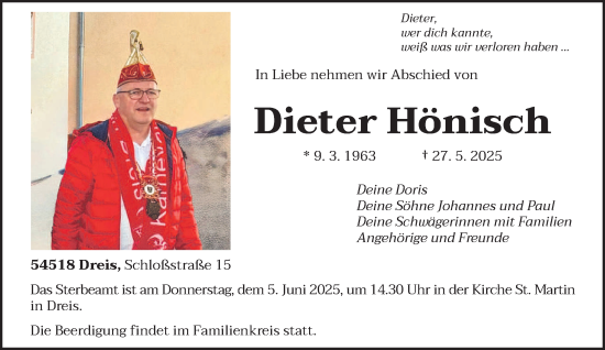 Todesanzeige von Dieter Hönisch von trierischer_volksfreund