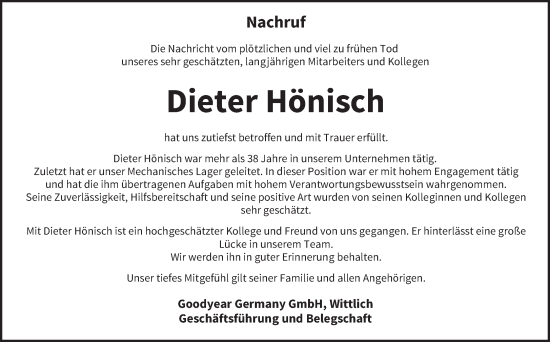 Todesanzeige von Dieter Hönisch von trierischer_volksfreund
