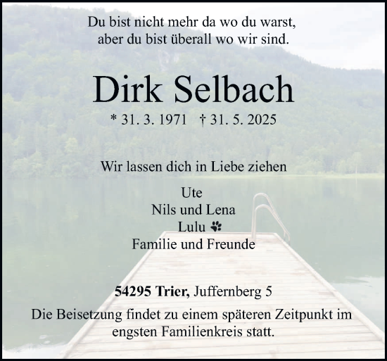 Todesanzeige von Dirk Selbach von trierischer_volksfreund