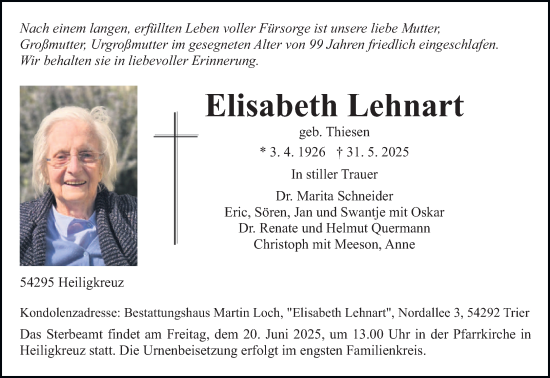Todesanzeige von Elisabeth Lehnart von trierischer_volksfreund