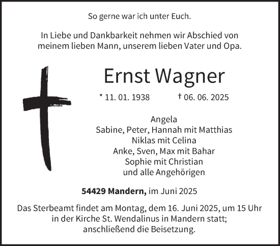 Todesanzeige von Ernst Wagner von trierischer_volksfreund