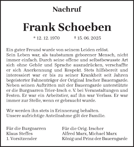 Todesanzeige von Frank Schoeben von trierischer_volksfreund