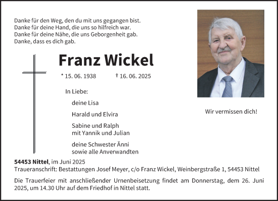 Todesanzeige von Franz Wickel von trierischer_volksfreund