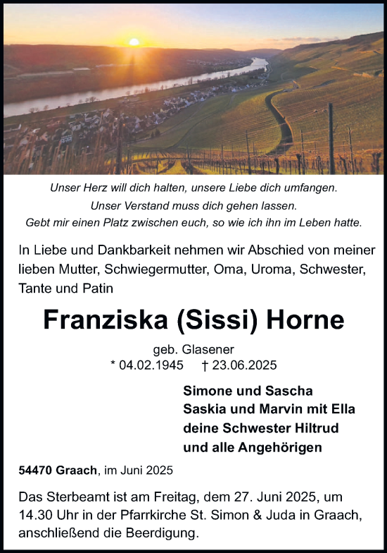 Todesanzeige von Franziska Horne von trierischer_volksfreund