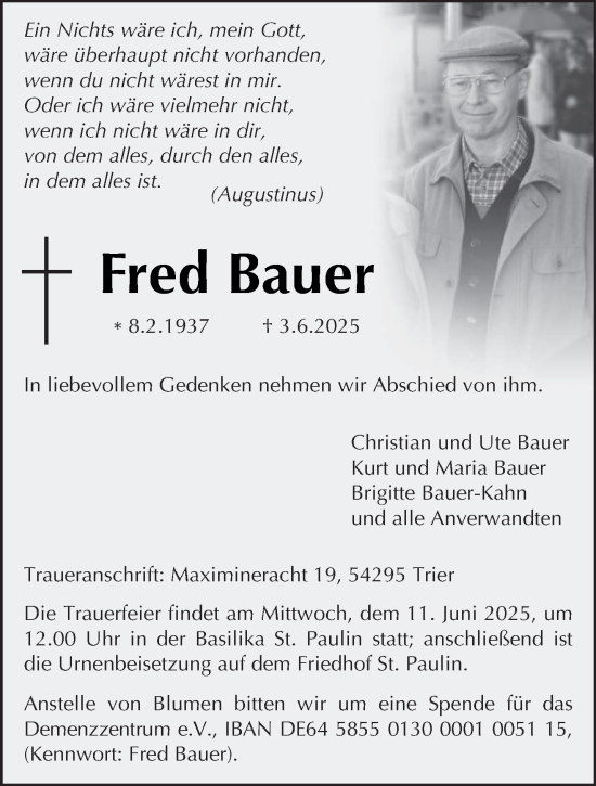 Todesanzeige von Fred Bauer von trierischer_volksfreund