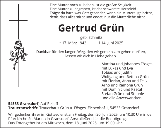 Todesanzeige von Gertrud Grün von trierischer_volksfreund