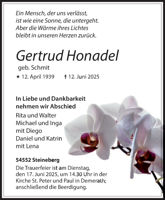Todesanzeige von Gertrud Honadel von trierischer_volksfreund
