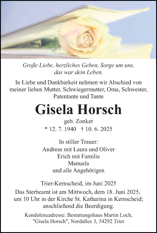 Todesanzeige von Gisela Horsch von trierischer_volksfreund