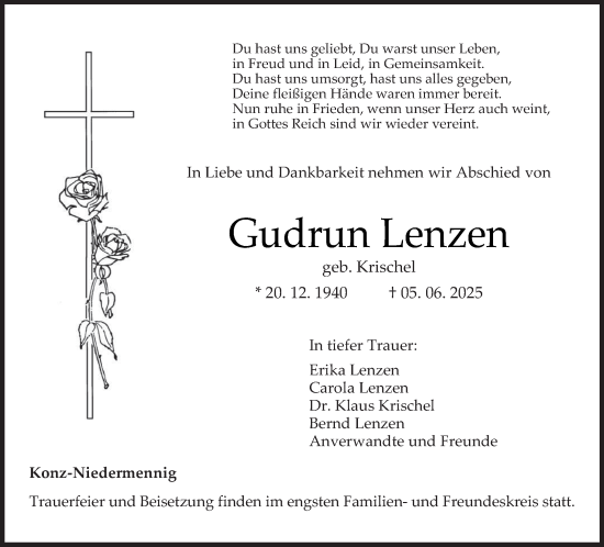 Todesanzeige von Gudrun Lenzen von trierischer_volksfreund