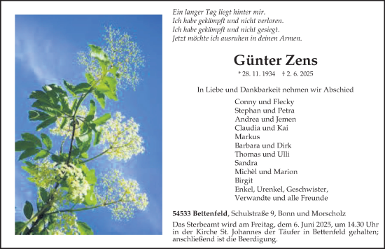 Todesanzeige von Günter Zens von trierischer_volksfreund