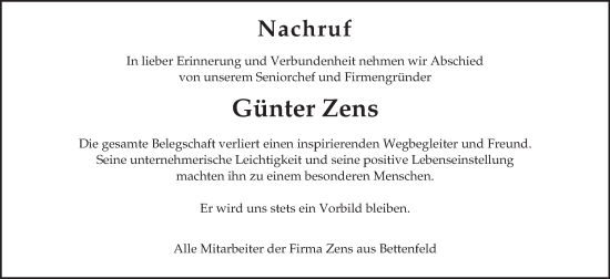 Todesanzeige von Günter Zens von trierischer_volksfreund