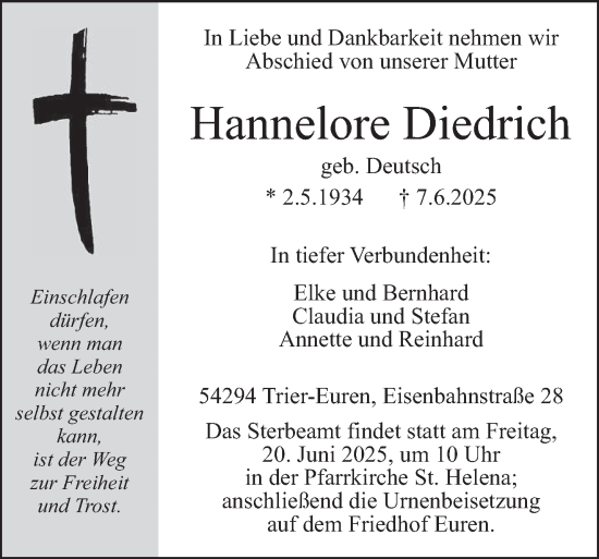 Todesanzeige von Hannelore Diedrich von trierischer_volksfreund