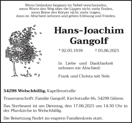 Todesanzeige von Hans-Joachim Gangolf von trierischer_volksfreund