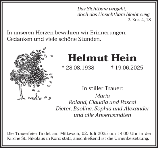 Todesanzeige von Helmut Hein von trierischer_volksfreund