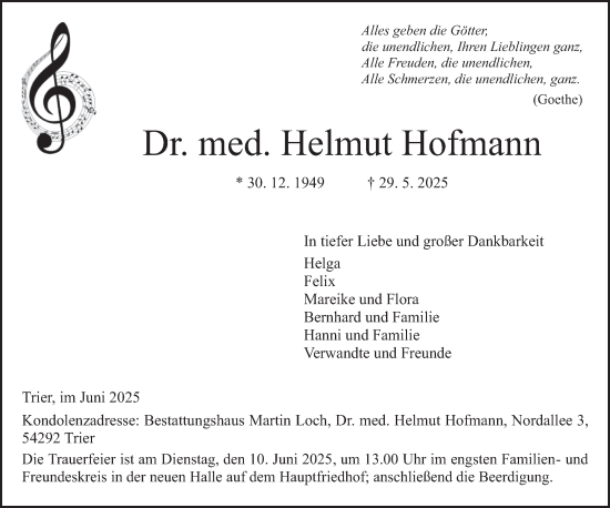 Todesanzeige von Helmut Hofmann von trierischer_volksfreund