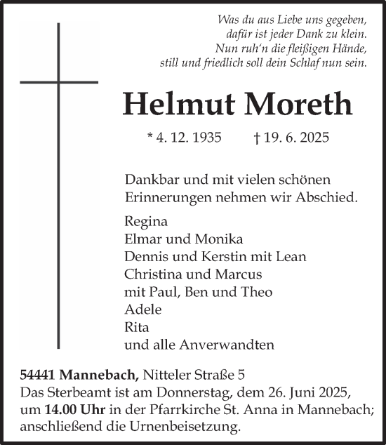 Todesanzeige von Helmut Moreth von trierischer_volksfreund