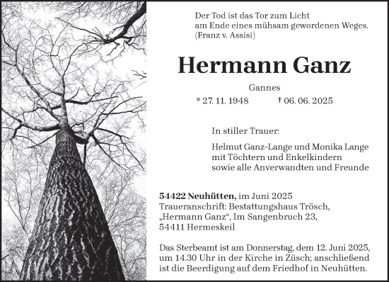 Todesanzeige von Hermann Ganz von trierischer_volksfreund