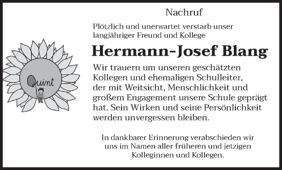 Todesanzeige von Hermann-Josef Blang von trierischer_volksfreund