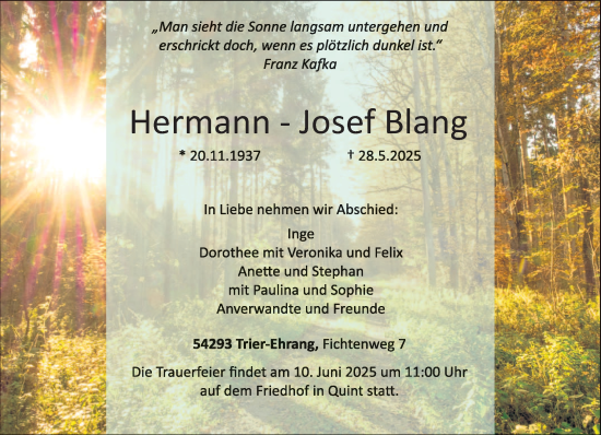 Todesanzeige von Hermann-Josef Blang von trierischer_volksfreund