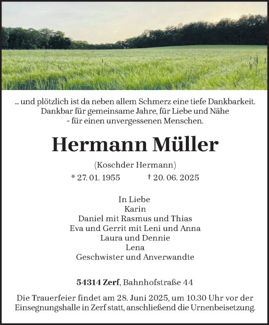 Todesanzeige von Hermann Müller von trierischer_volksfreund