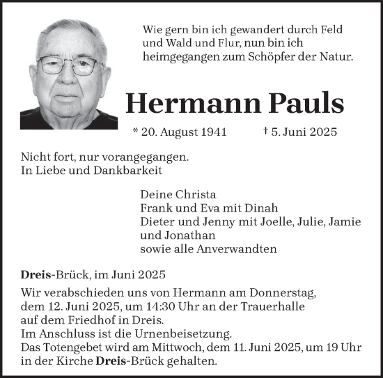 Todesanzeige von Hermann Pauls von trierischer_volksfreund