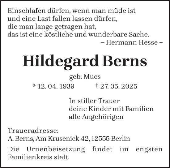 Todesanzeige von Hildegard Berns von trierischer_volksfreund