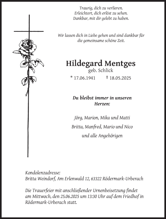 Todesanzeige von Hildegard Mentges von trierischer_volksfreund