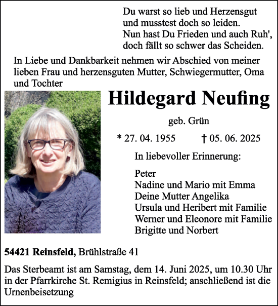 Todesanzeige von Hildegard Neufing von trierischer_volksfreund