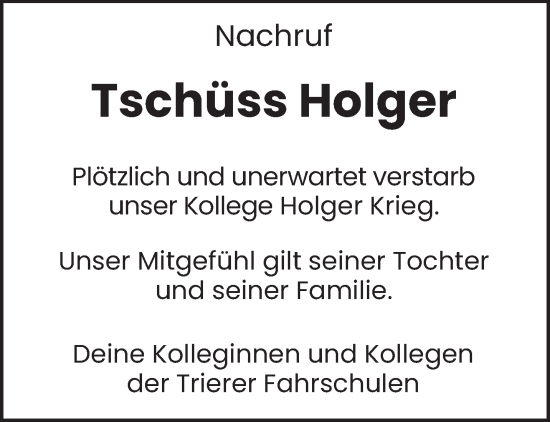 Todesanzeige von Holger Krieg von trierischer_volksfreund