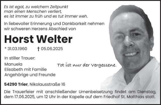 Todesanzeige von Horst Welter von trierischer_volksfreund