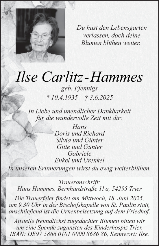 Todesanzeige von Ilse Carlitz-Hammes von trierischer_volksfreund