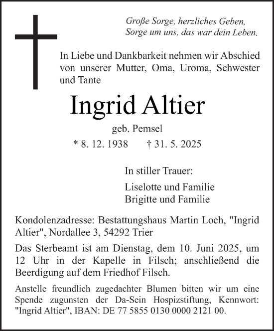 Todesanzeige von Ingrid Altier von trierischer_volksfreund