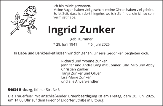 Todesanzeige von Ingrid Zunker von trierischer_volksfreund