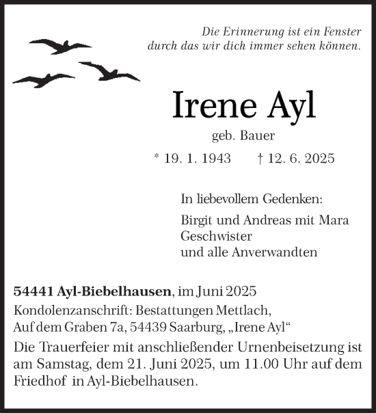 Todesanzeige von Irene Ayl von trierischer_volksfreund
