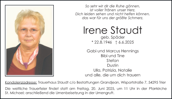 Todesanzeige von Irene Staudt von trierischer_volksfreund