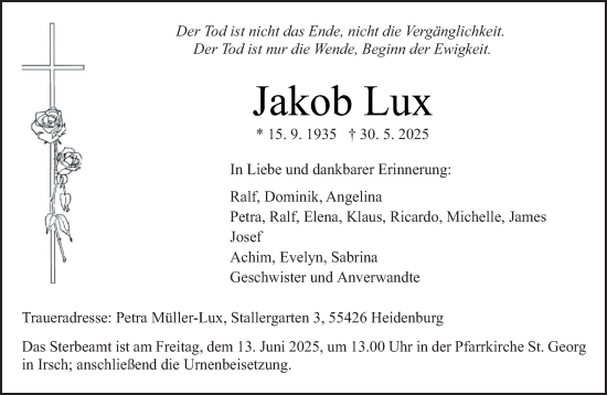 Todesanzeige von Jakob Lux von trierischer_volksfreund