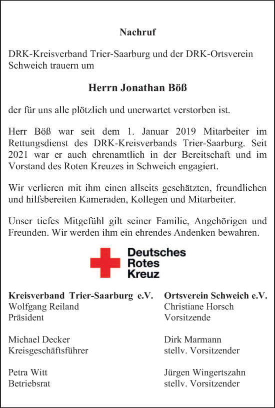 Todesanzeige von Jonathan Böß von trierischer_volksfreund