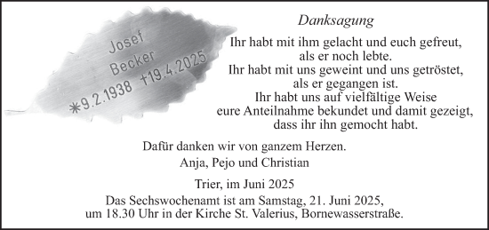 Todesanzeige von Josef Becker von trierischer_volksfreund