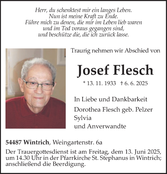 Todesanzeige von Josef Flesch von trierischer_volksfreund