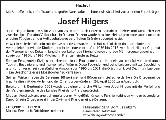 Todesanzeige von Josef Hilgers von trierischer_volksfreund