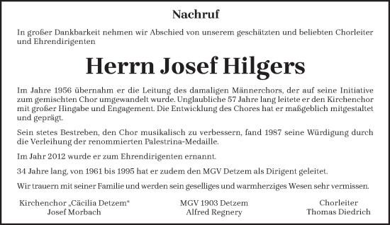 Todesanzeige von Josef Hilgers von trierischer_volksfreund